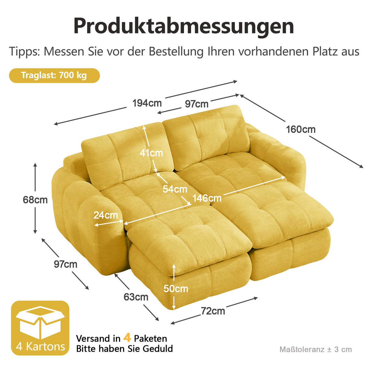 2-SITZER-SOFA DE-34464 mit 2 Ottomanen Gelb - Gelb, Textil (160/194cm) - ComfortXL