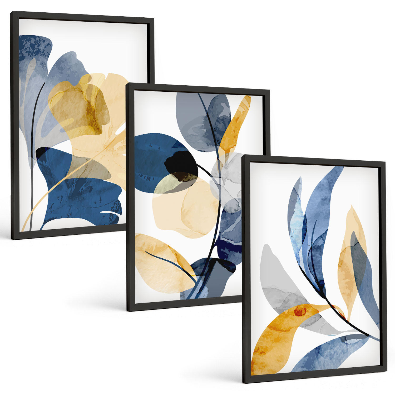 BILDER SET 3er Set - 40x60 cm Schwarzer Rahmen - Aquarell-Pflanzenmotive - Schwarz, Kunststoff (40/60cm) - TULUP