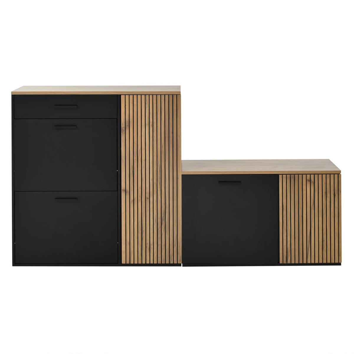 DIELEN-SCHUHSCHRANK-SET in Natur/Schwarz mit Schuhbank, 2 Klappen und Stauraum - Naturfarben, Holzwerkstoff (85/85/36cm) - BEAOK