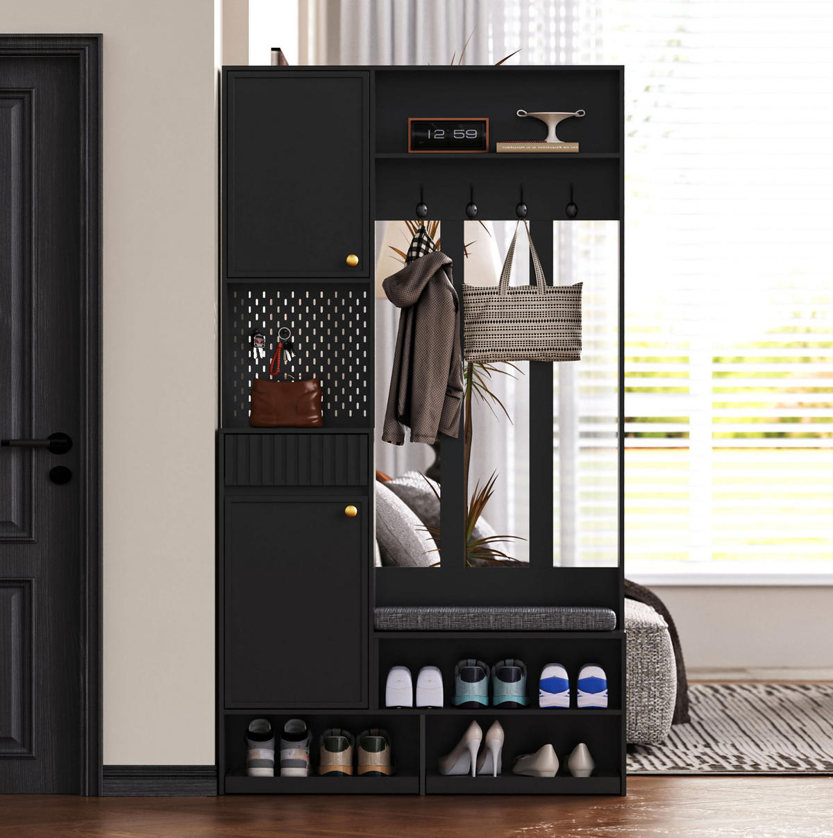 GARDEROBENSET mit Sitzbank 100 x 35 x 180 cm MDF Black 6-in-1 - Schwarz, Holzwerkstoff (35/180/100cm) - Beauniv