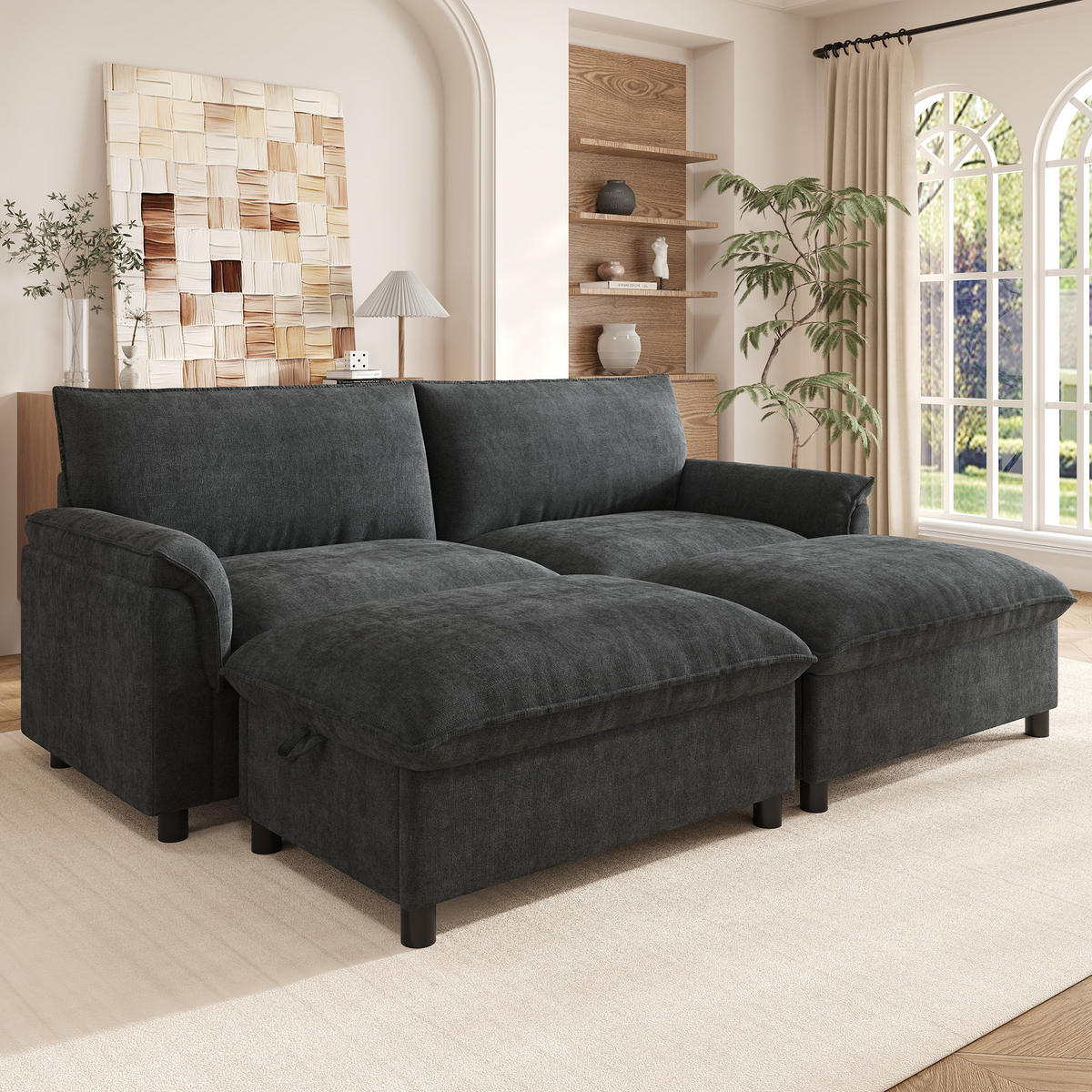 SOFA Schwarz U-Form Cloud Modular Deep Seat 216cm Hocker - Schwarz, Textil (77/82/216cm) - FLIEKS