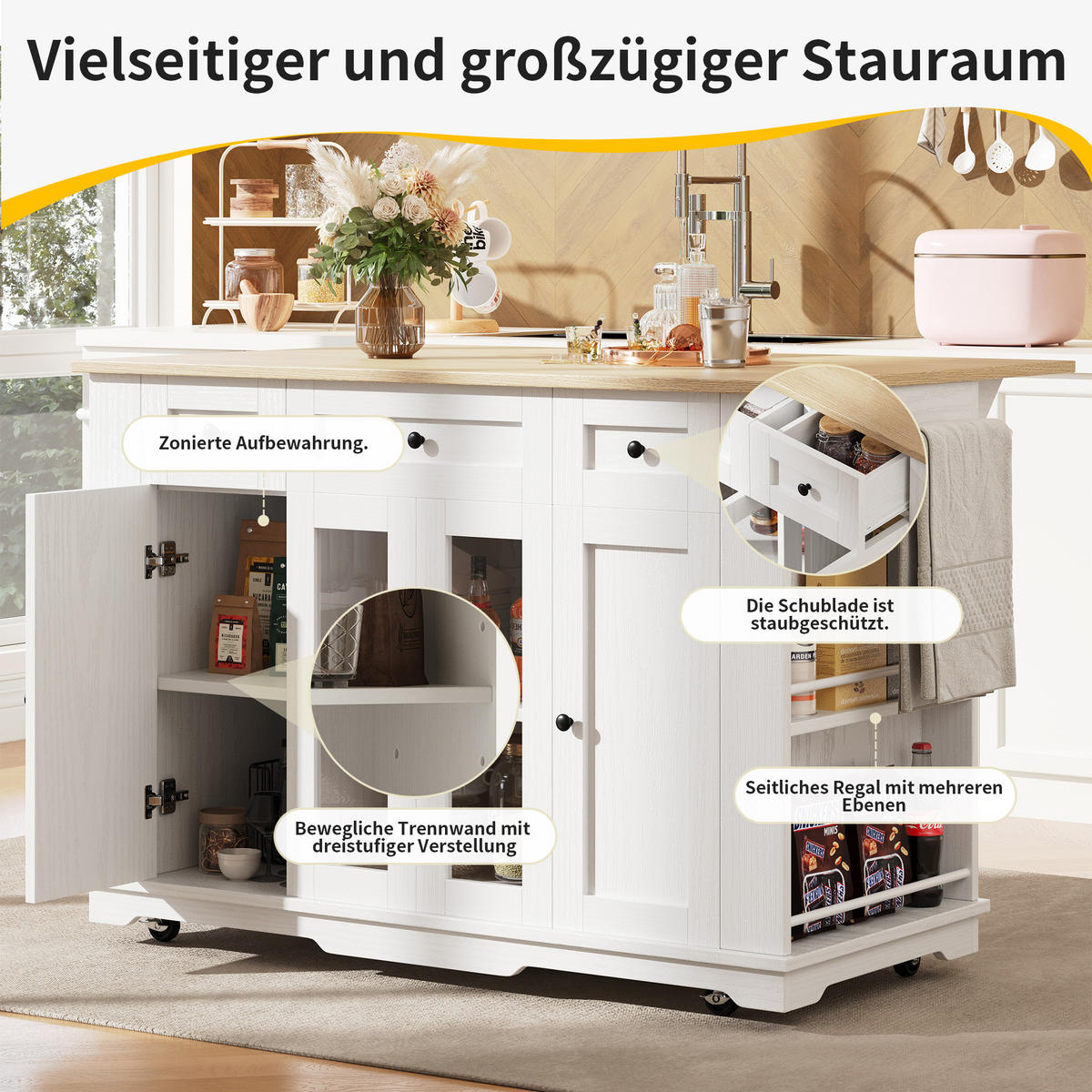 KÜCHENINSEL 151.5x85x91.7cm Weiß mit Klapptisch & Glastüren - Weiß, Holzwerkstoff (151.5/91.7/85cm) - Modfu