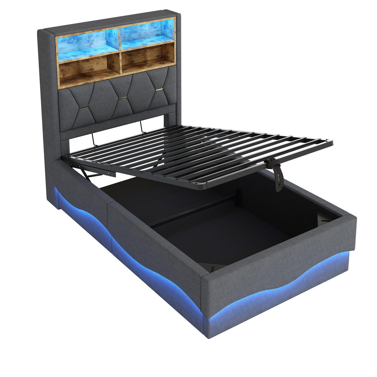 STAURRAUMBETT 90/200 cm DE-02054, in Grau, mit APP-LED, USB und Hydraulik - Grau, Metall (90/200cm) - ComfortXL