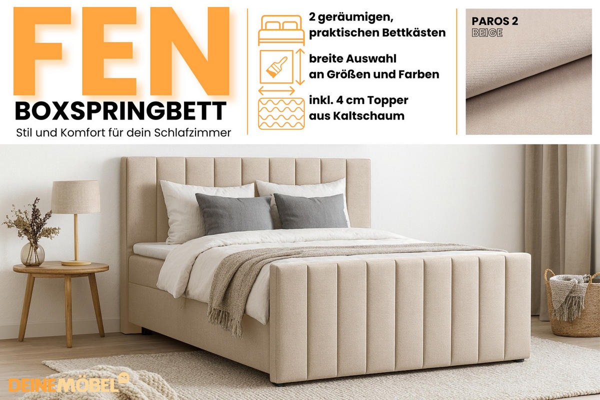 BOXBETT FEN 160/200 Velours Beige mit Taschen-Federkernmatratzen 7 Zonen H4 - Beige, Holz/Holzwerkstoff (160/200cm) - Deine Möbel 24