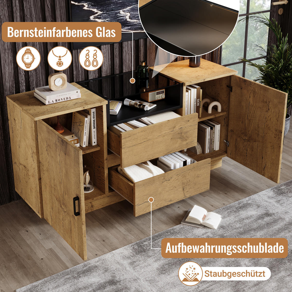 SIDEBOARD 140/70/40 cm Eiche aus Holz, Glas und Metall mit verstellbaren Einlegeböden - Eichefarben, Glas (40/70/140cm) - OKMYHOME