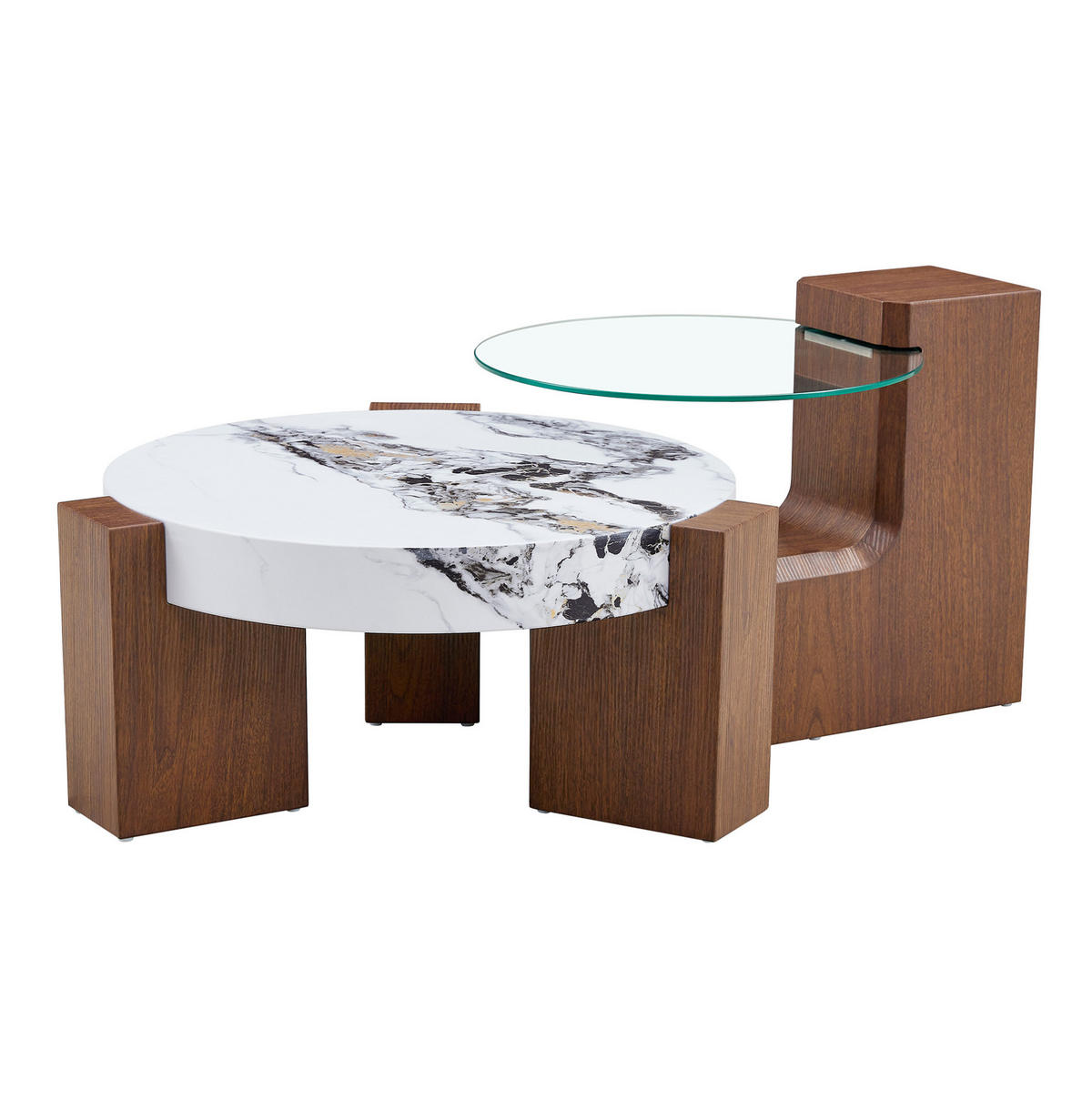 KONFERENČNÍ stolek 61/61/30 cm ořechová a bílá z MDF a skla 2v1 se dvěma stolky - ořechová, kompozitní dřevo (61/61/30cm) - OKWISH