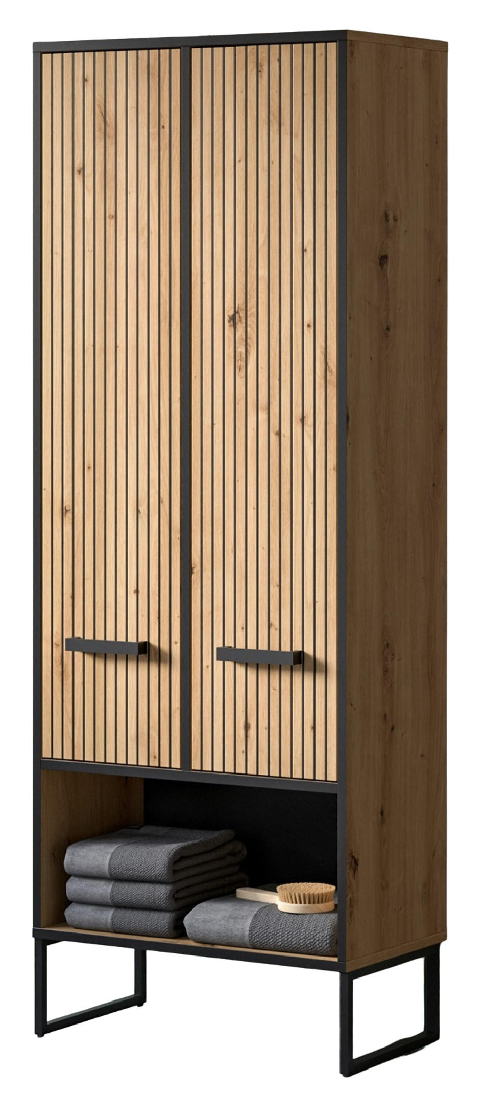 HOCHSCHRANK Eiche Artisan, schwarz 59 cm, Badezimmer Schrank mit Soft-Close - Schwarz/Eiche Artisan, Holzwerkstoff/Kunststoff (59/159/32cm) - Inn.Furn