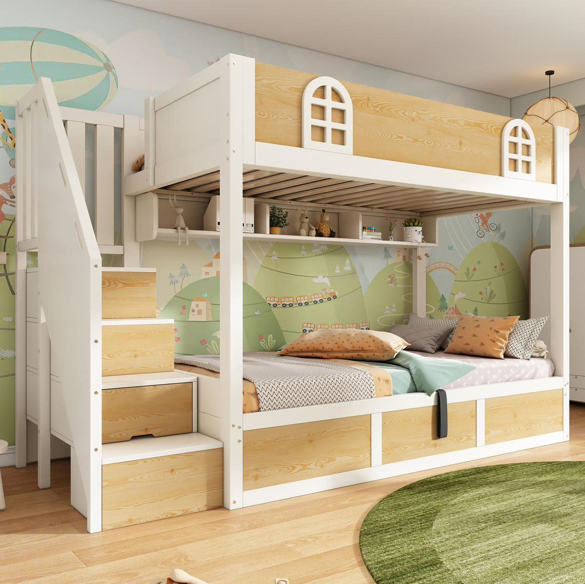 ETAGENBETT 90/200 cm in Weiß/Natur mit Treppenschrank und Stauraum - Naturfarben, Holzwerkstoff (90/200cm) - BEAOK