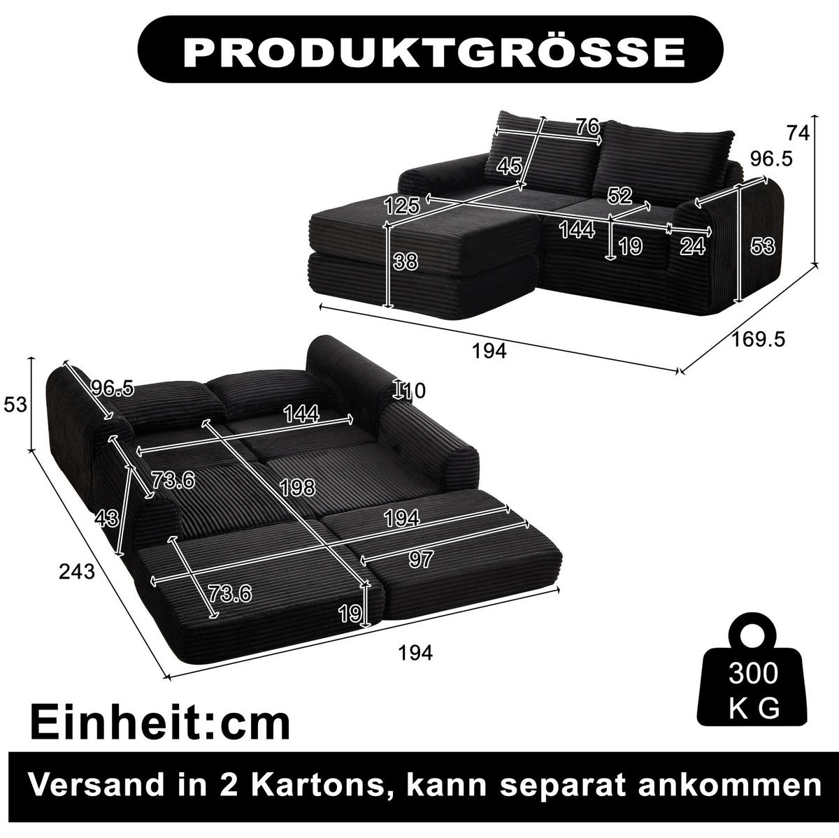 SCHLAFSOFA, Cord mit modularer Fußstütze, als Sofa & Bett, 243/194/53 cm, Schwarz - Schwarz, Textil (243/53/194cm) - Redom