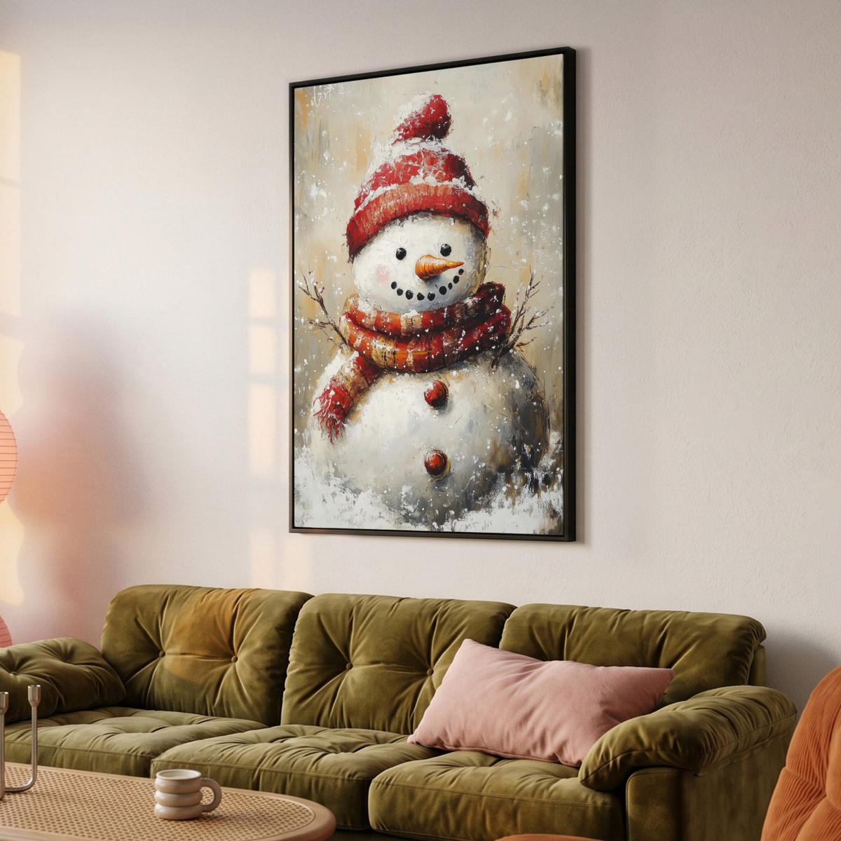 LEINWAND Bilder mit Rahmen - Schneemann - Winter - Schnee - Beige - 100x150 - Weiß, Textil (100/150cm) - MuchoWow