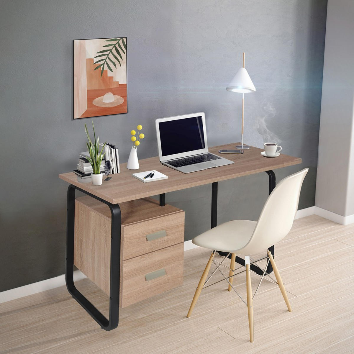 SCHREIBTISCH PEARL mit Schubladen/ Eiche dekor und schwarzes Metall - Schwarz/Sonoma Eiche, Holzwerkstoff/Metall (120/60/76cm) - Weber Industries