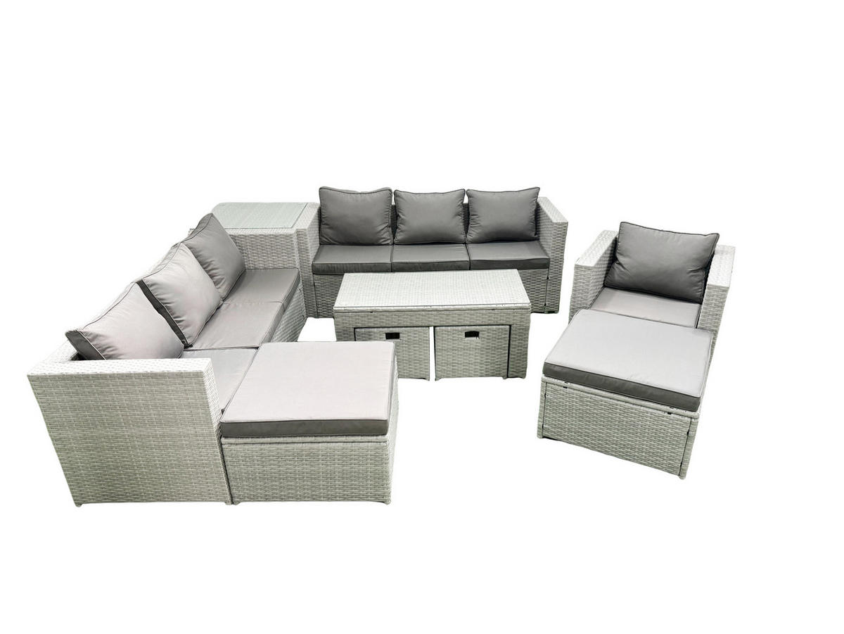 BALKONMÖBEL-SET Polyrattan Hellgrau-Mix 11-teilig - Hellgrau/Grau, Glas/Kunststoff - Fimous