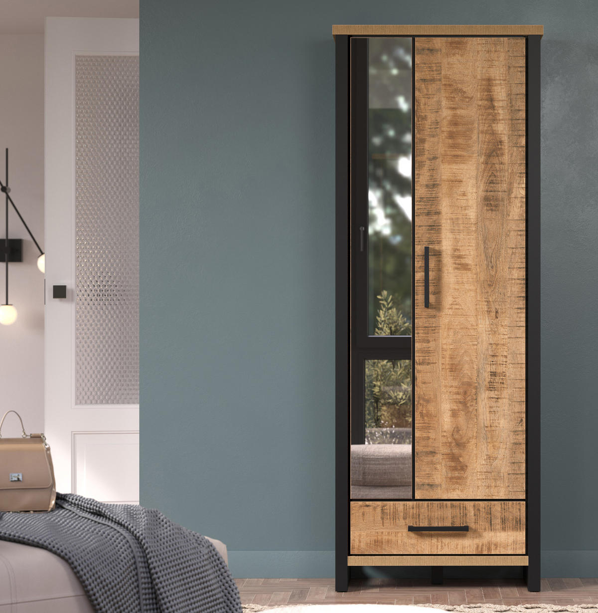 GARDEROBENSCHRANK Mango, schwarz 73 x 195 cm, Garderobe mit Spiegel - Schwarz/Naturfarben, Glas/Holzwerkstoff (73/195/39cm) - Top.Furn