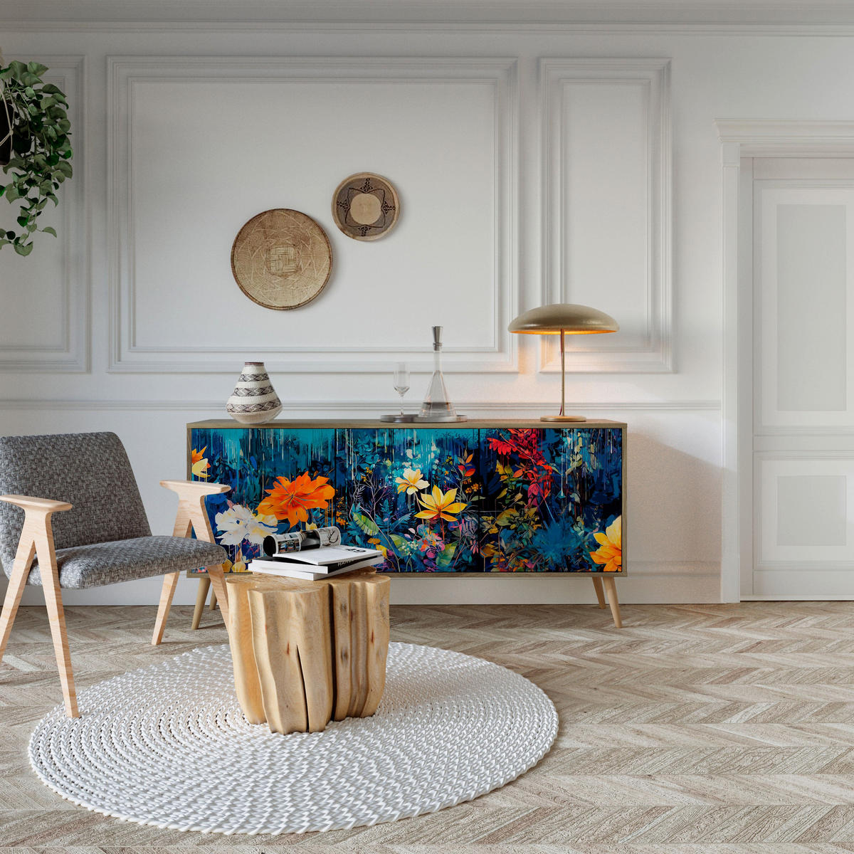 SIDEBOARD MIDNIGHT BLOSSOM, Eicheneffekt, 164,5x42x77,5 cm, 3 Türen - Eichefarben/Buchefarben, Holzwerkstoff/Buchenholz (164.5/77.5/42cm) - SpaceRebels