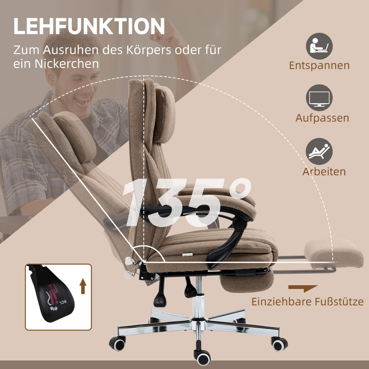 BÜROSTUHL mit verstellbarer 65L x 61B x 108-118H cm Braun - Braun, Kunststoff (61/113/65cm) - Vinsetto
