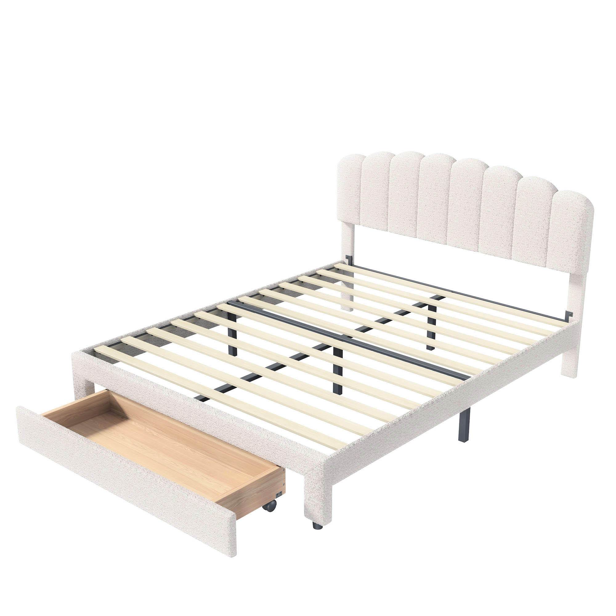 POLSTERBETT 140x200cm beigefarbenes Teddybär-Plüsch-Doppelbett mit USB-Anschluss und Schubladen. - Beige, Textil (140/200cm) - CASIVA