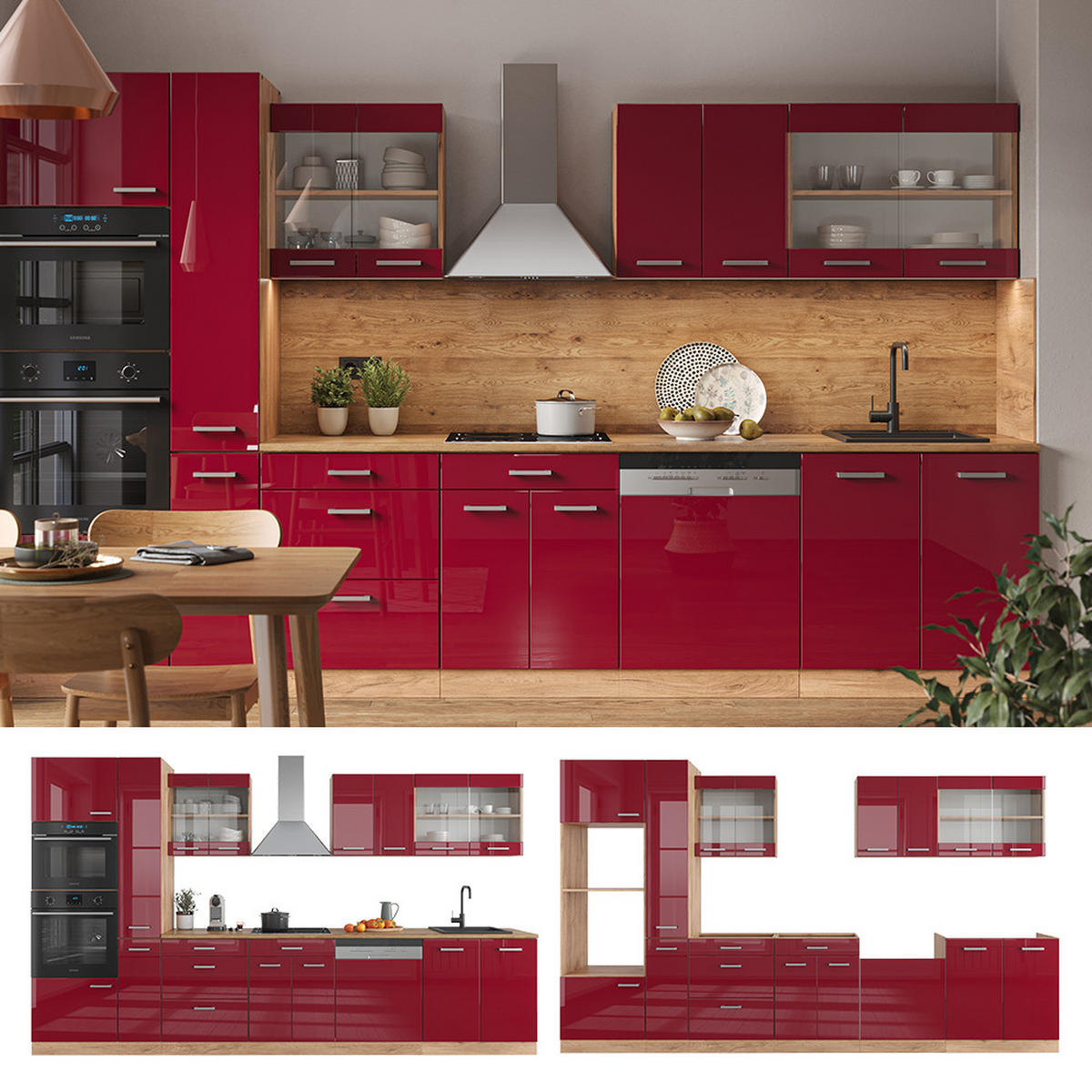 KÜCHENZEILE R-Line Rot Hochglanz/Goldkraft Eiche 350 cm mit Hochschrank, ohne Arbeitsplatte - Rot/Eiche Wotan, Holzwerkstoff (350/81.6/46cm) - Vicco
