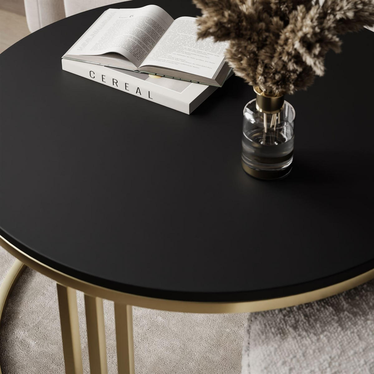 COUCHTISCH mit Hocker LORI MAT gebürstetes Gold/schwarz matt/Coral 65 - Schwarz, Metall (70/70/49cm) - Lookway