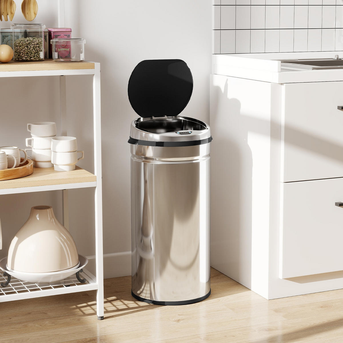 MÜLLEIMER 42L Automatischer Abfalleimer aus Metall Silber 30,5/68/30,5 cm - Silberfarben, Metall (30.5/68/30.5cm) - Rolipo
