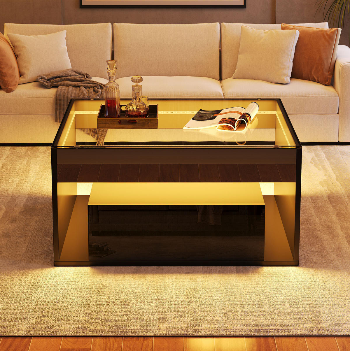 COUCHTISCH 70/70/35 cm mit LED-Beleuchtung und 2 Schubladen in Schwarz - Schwarz, Holzwerkstoff (70/70/35cm) - Flora Grace