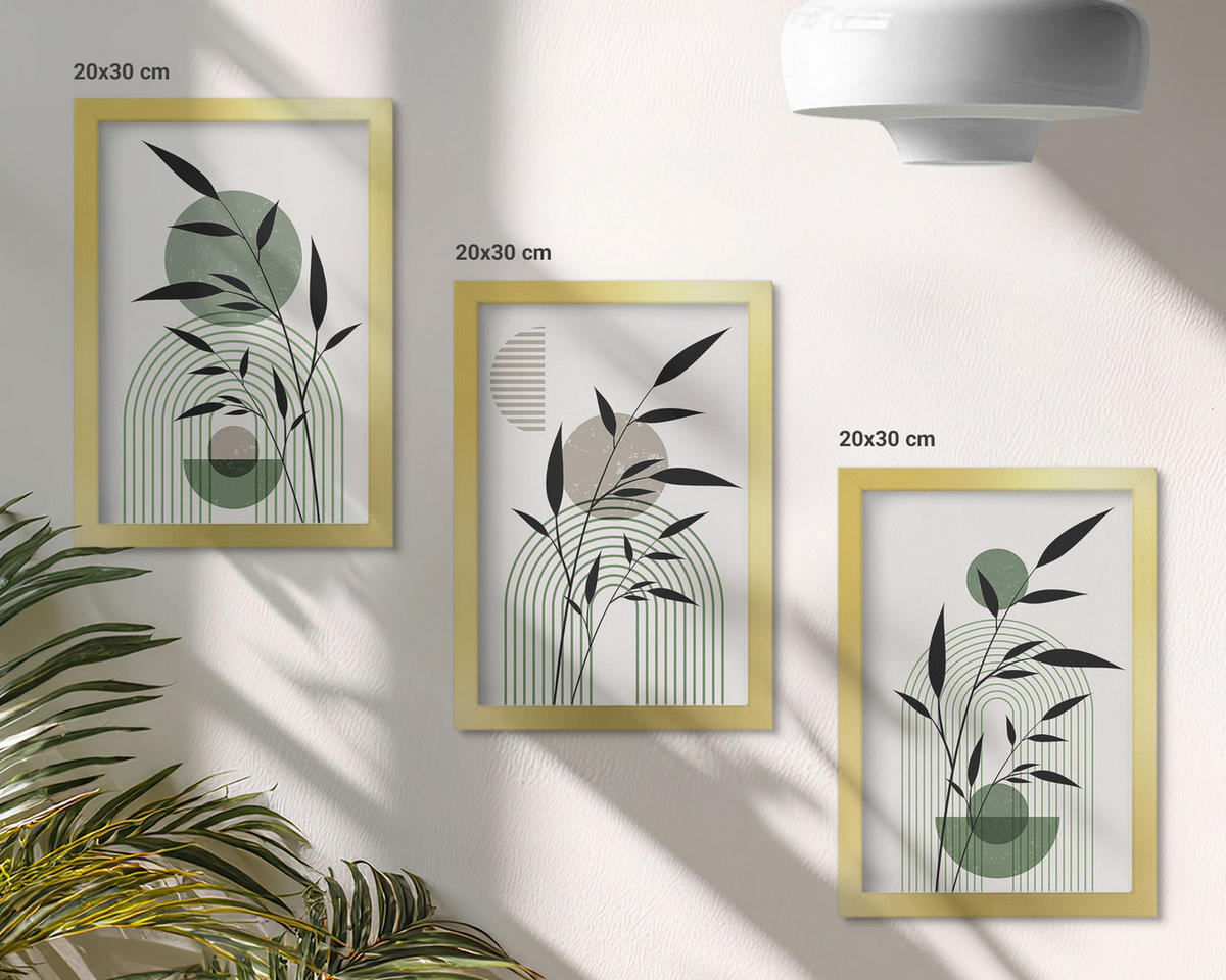 WANDBILDER 3er Set - 20x30 cm Goldrahmen - Boho-Pflanzenkompositionen - Goldfarben, Kunststoff (20/30cm) - ArtPrintCave