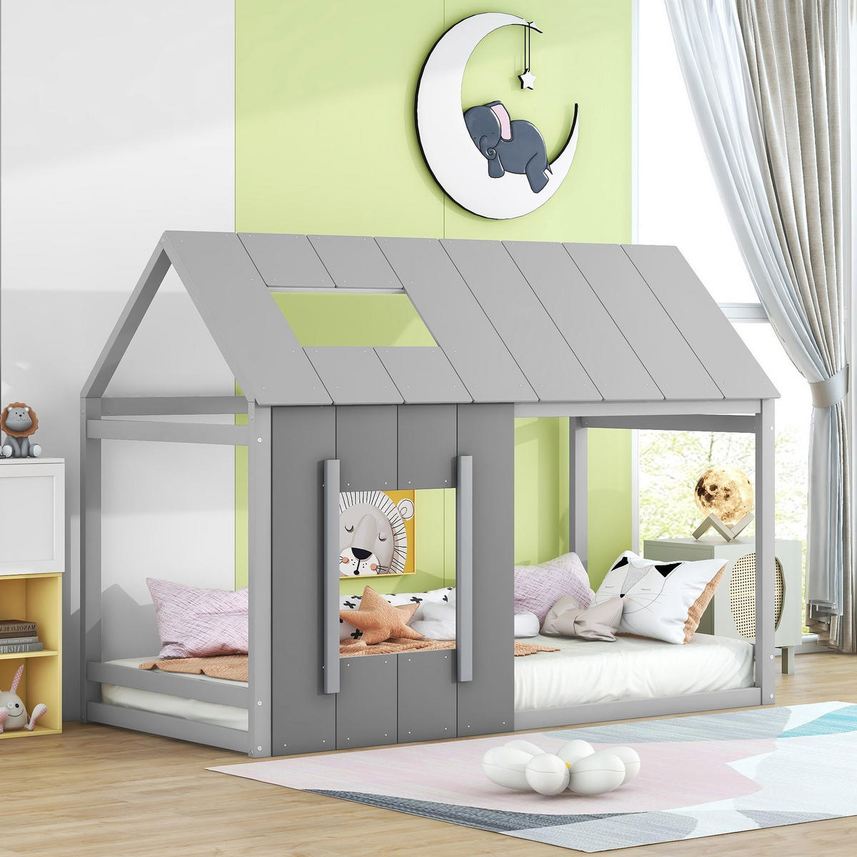 KINDERBETT 90x200cm Dunkelgrau + Hellgrau Hausform Flachbett mit Dach - Grau, Holz (90/200cm) - FLIEKS