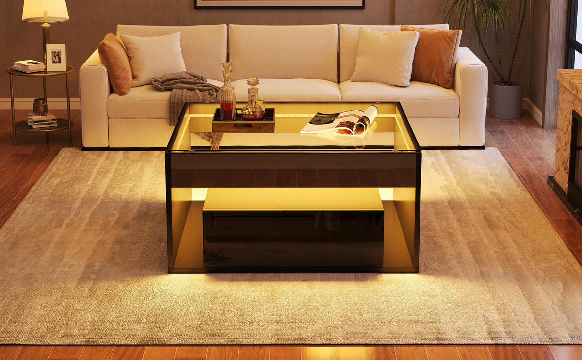 COUCHTISCH 70/70/35 cm Schwarz aus Holzwerkstoff mit LED-Lichtstreifen und 2 Schubladen - Schwarz, Holzwerkstoff (70/70/35cm) - OKWISH