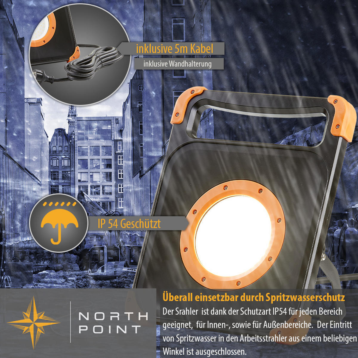 LED-BAUSTRAHLER - 50W mit stabilem Standgestell und 2 Steckdosen für handwerkliche Tätigkeiten, 5m Kabel, 2er-Set - Weiß, Metall (7.5/25.8/32.5cm) - Northpoint