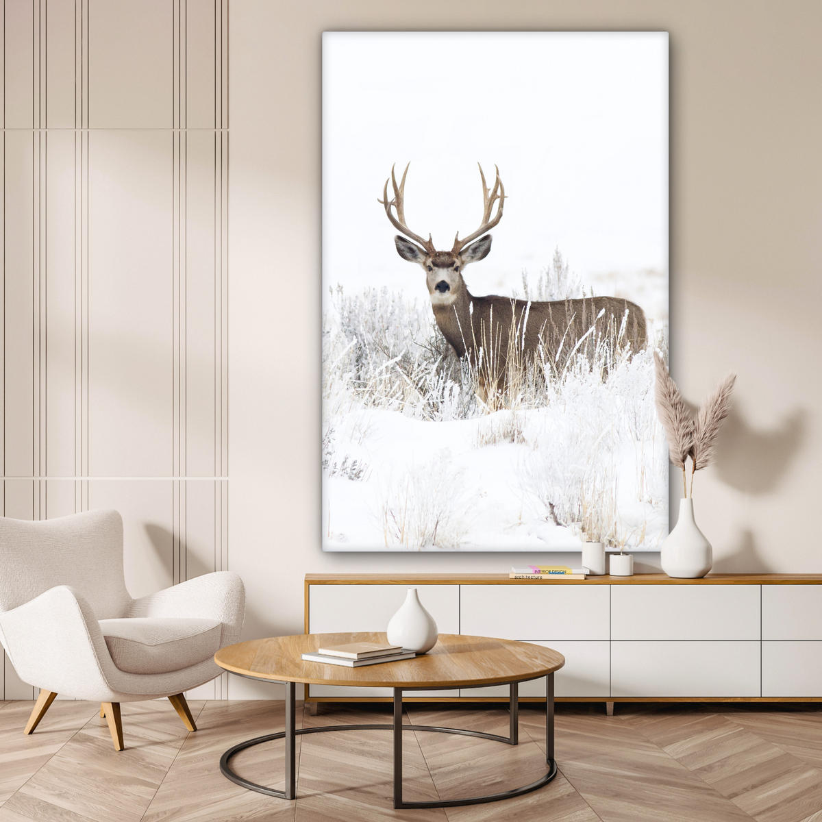 LEINWANDBILD Hirsche - Winter - Schnee - Tiere - Jahreszeiten - Weiß 90x140 cm - Hellbraun, Textil (90/140cm) - MuchoWow