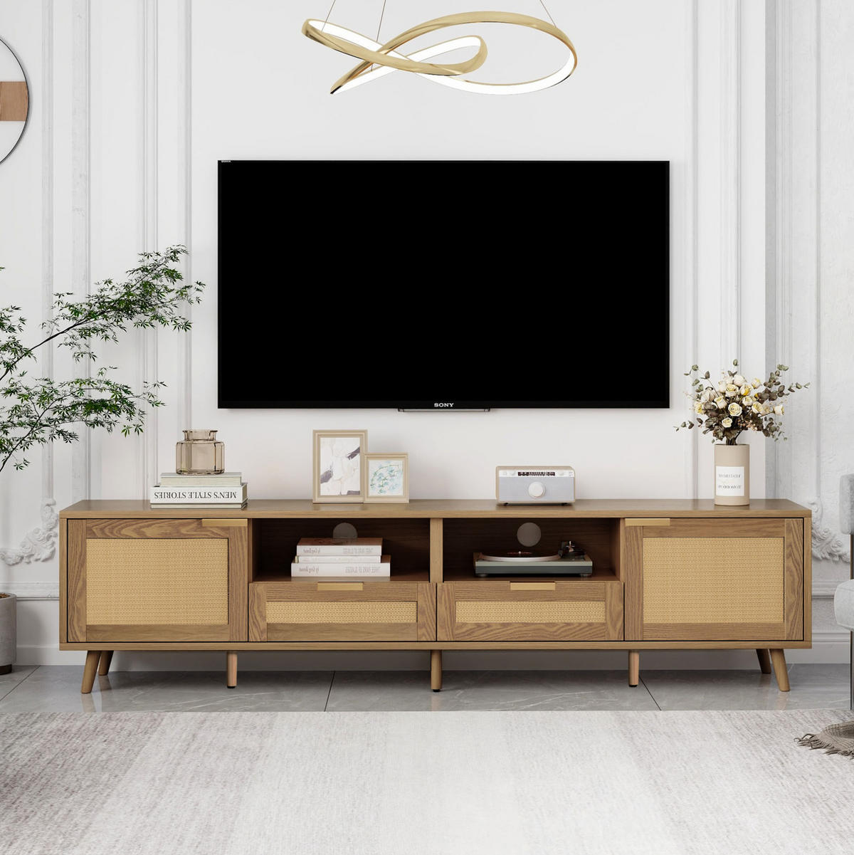 TV-LOWBOARD 200/37/49 cm mit 2 Schubladen und Rattangeflecht-Optik - Braun, Holzwerkstoff (200/49/37cm) - BEAOK