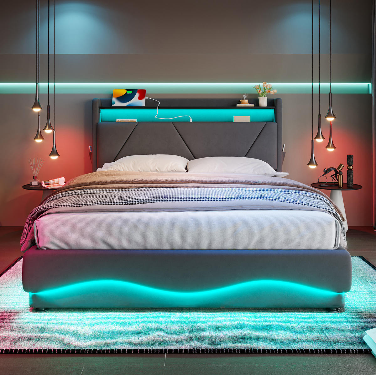 POLSTERBETT 140/200 cm mit LED-Beleuchtung, USB-/Type-C-Anschlüssen, Bettkasten und Regal im Kopfteil, Samt, Dunkelgrau - Dunkelgrau, Textil (140/200cm) - Redom