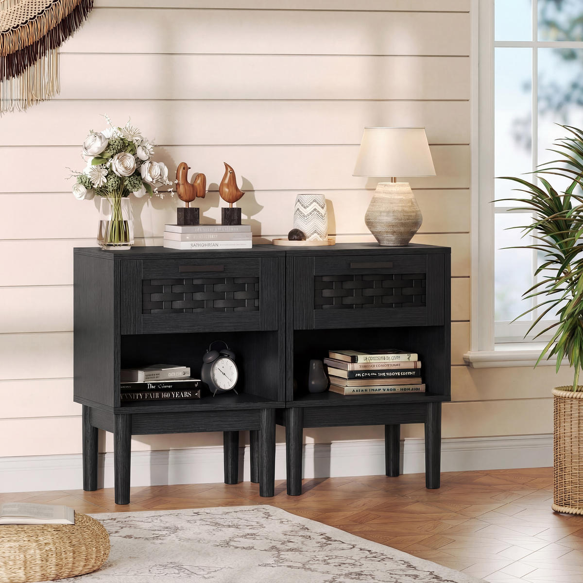 NACHTTISCH 2er Set Holz Rattan Schublade offenes Fach schwarz - Schwarz, Holz (30/55/40cm) - LEBENLANG