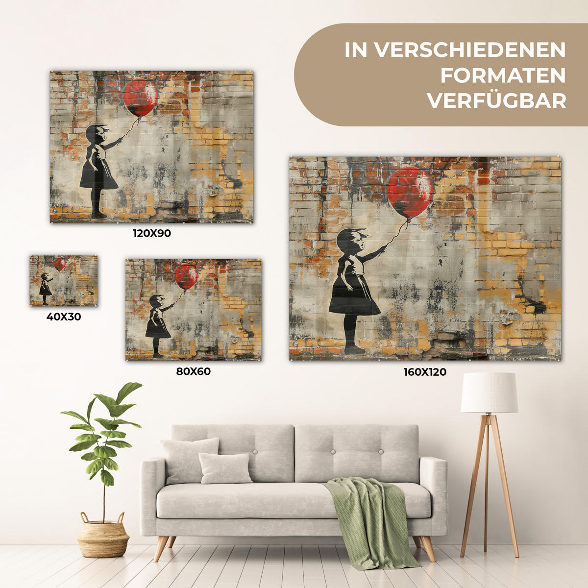 ACRYLGLASBILD Graffiti - Banksy - Mädchen - Straßenkunst 80x60 cm - Sandfarben, Glas (80/60cm) - MuchoWow