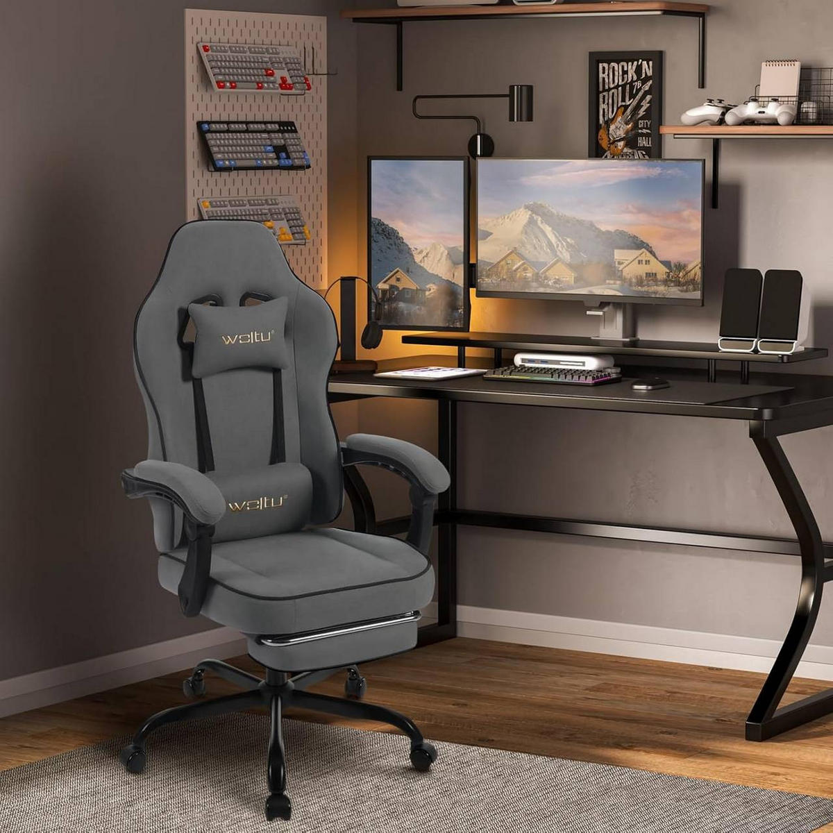 GAMINGSTUHL Drehstuhl, Tech-Stoff, Grau - Schwarz/Grau, Kunststoff/Textil (63.5/117.5/60cm) - Woltu