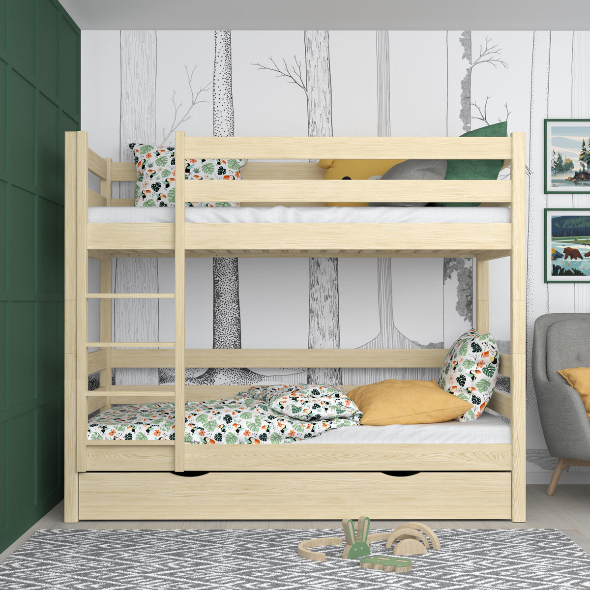 ETAGENBETT N01 mit Schublade Klare Kiefer 100/200 - Braun, Naturmaterialien/Holz (100/200cm) - N-Wood