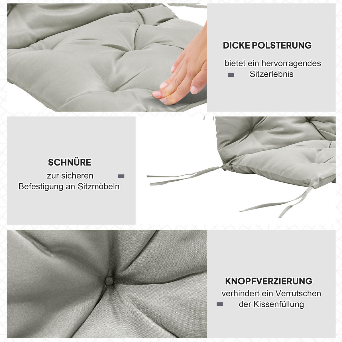 2ER-SET Sitzkissen, 98 x 50 cm Stuhlkissen mit Bindebänder, Stoffbezug 8cm dick - Hellgrau, Textil (50/8/98cm) - Outsunny