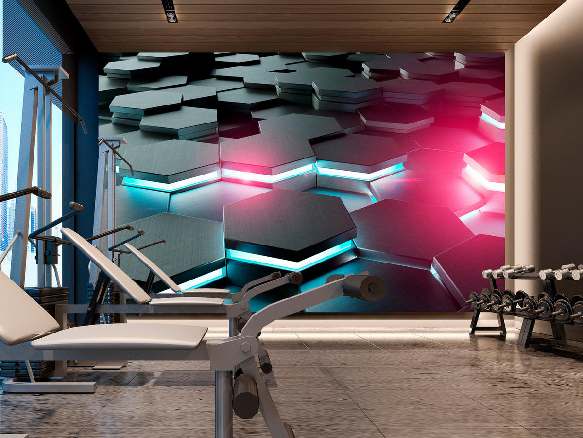 FOTOTAPETE für Büro Schwarz Hexagone Neon Rosa Blau Formen Geometrie 150x105 - Blau/Schwarz, Papier (150/105cm) - Muralo