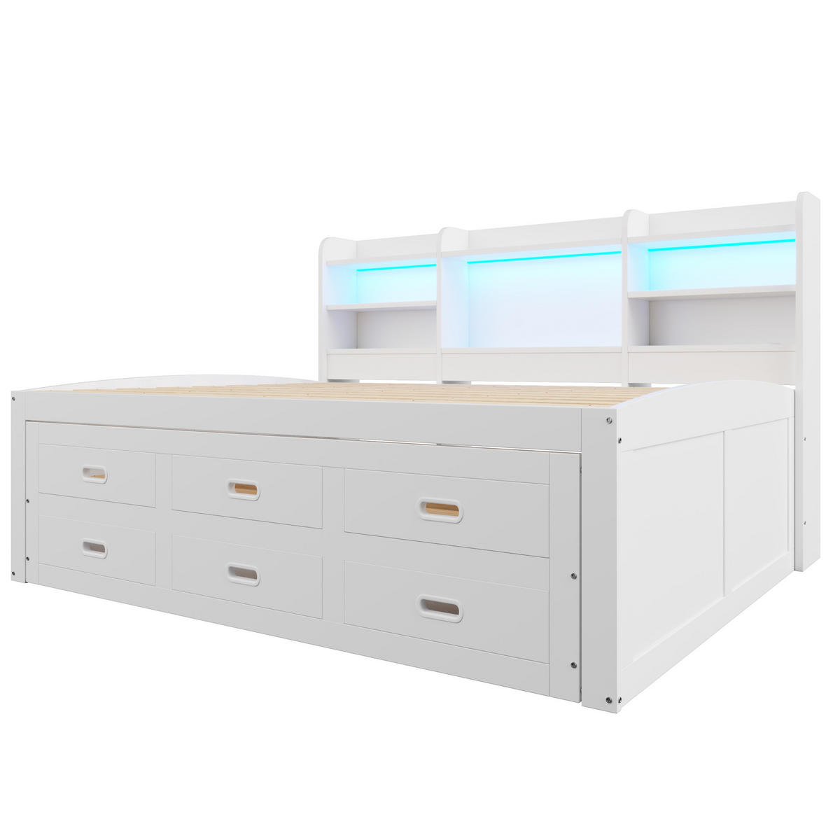 TAGESBETT 140x200cm Weiß LED Schubladen USB-C Nachttisch Klappbar Ausziehbar - Weiß, Holz (140/200cm) - FLIEKS