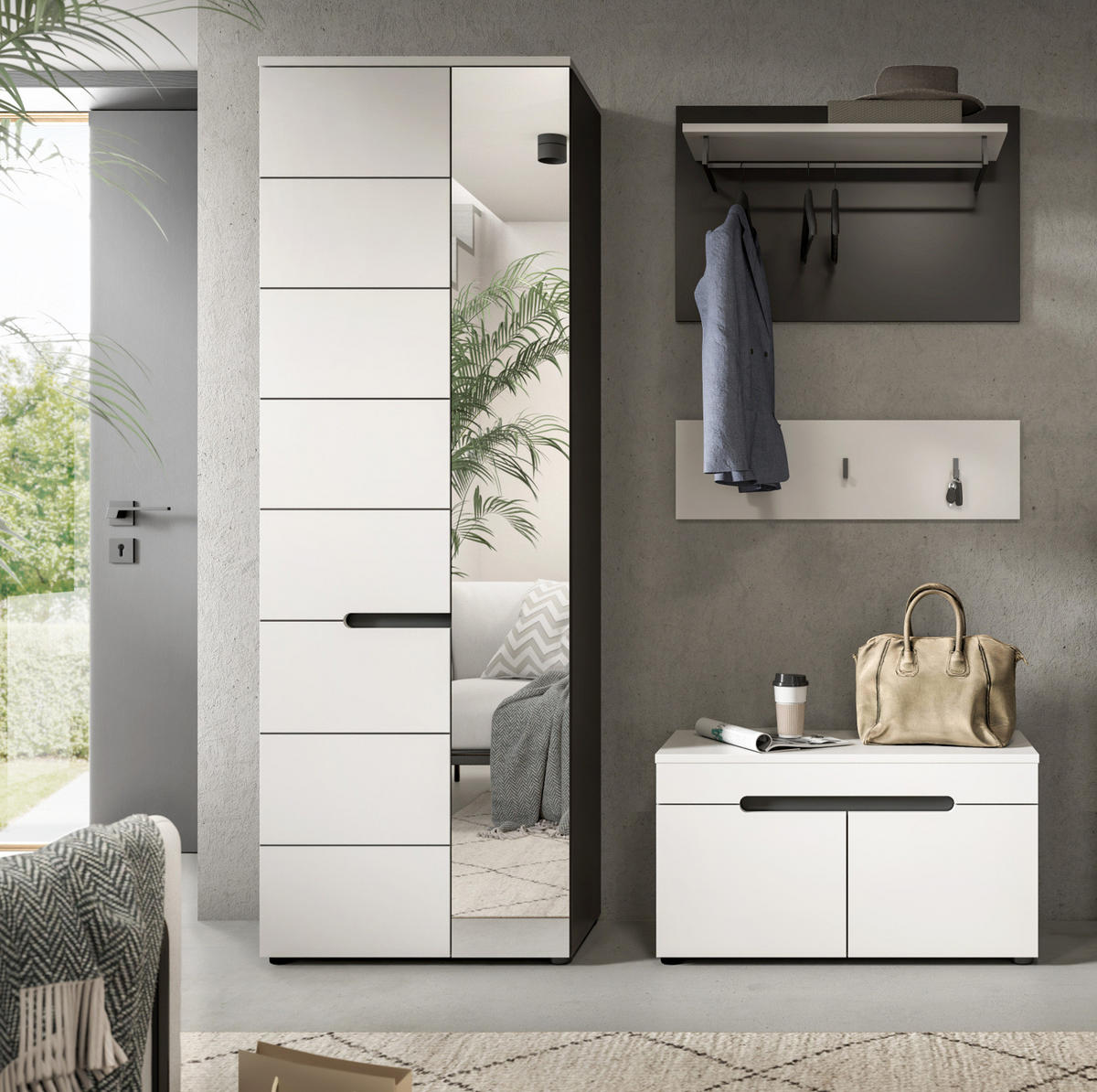 GARDEROBEN-SET 4-teilig in weiß, grau 160 cm, Garderobenkombination mit Soft-Close, Cooper - Schwarz/Weiß, Glas/Holzwerkstoff (160/190/37cm) - Inn.Furn