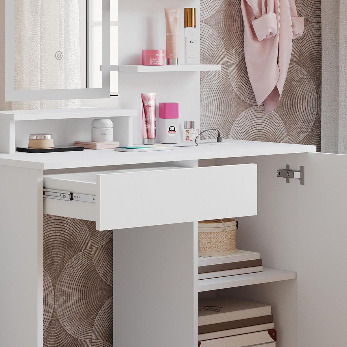 SCHMINKTISCH Julia Weiß 90 cm mit LED-Spiegel und QI-Ladestation - Weiß, Holzwerkstoff (90/137.5/38cm) - Vicco