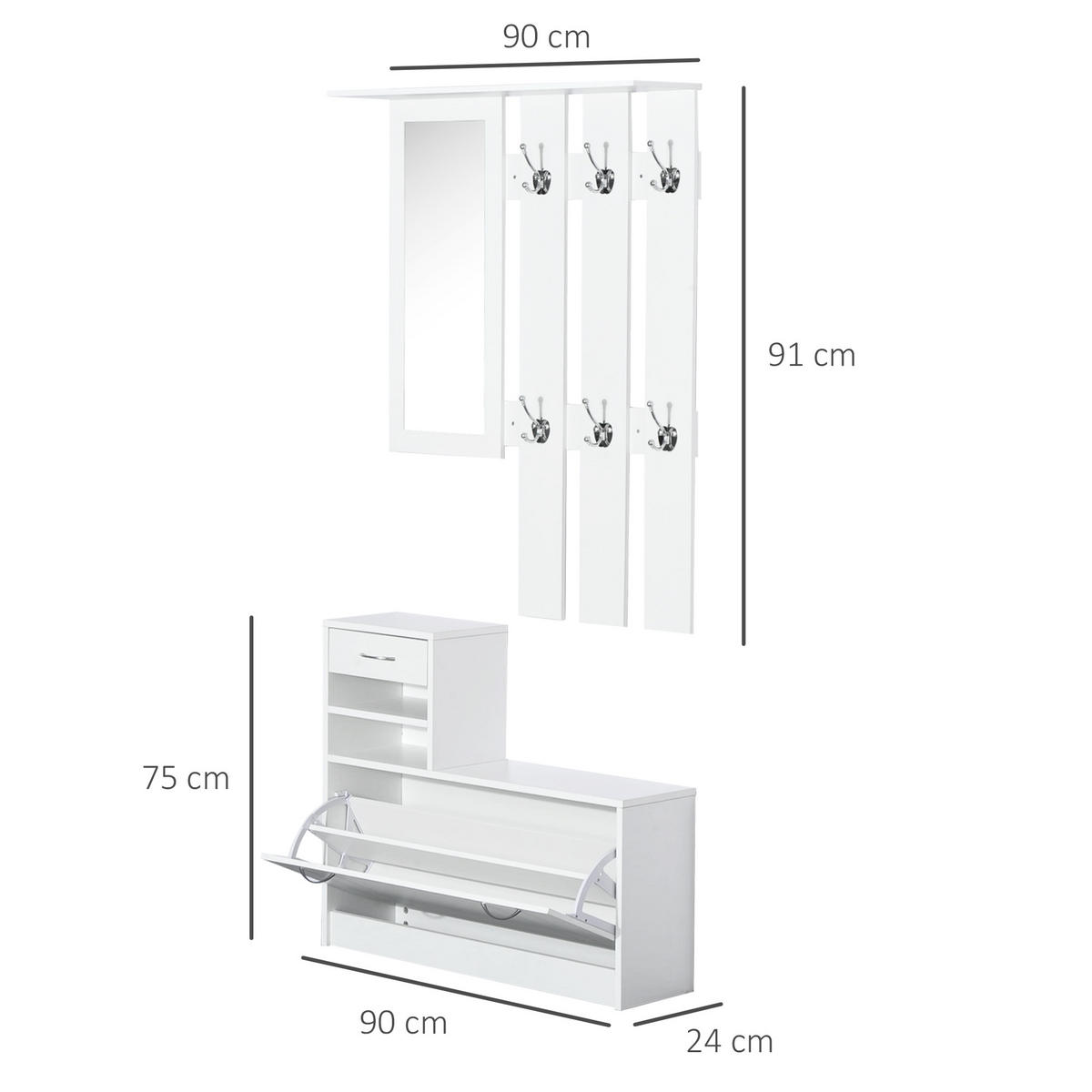 GARDEROBE DE-16826 3-in-1 mit Spiegel & 6 Haken Weiß - Weiß, Holzwerkstoff (22/116/90cm) - ComfortXL
