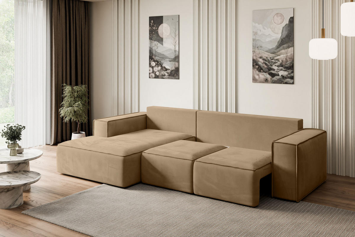 ECKSOFA mit Schlaffunktion und Bettkasten SERRA-L-S - 266x161x87 cm Beige Velours - Beige/Schwarz, Holzwerkstoff/Kunststoff (266/161cm) - ALTDECOR