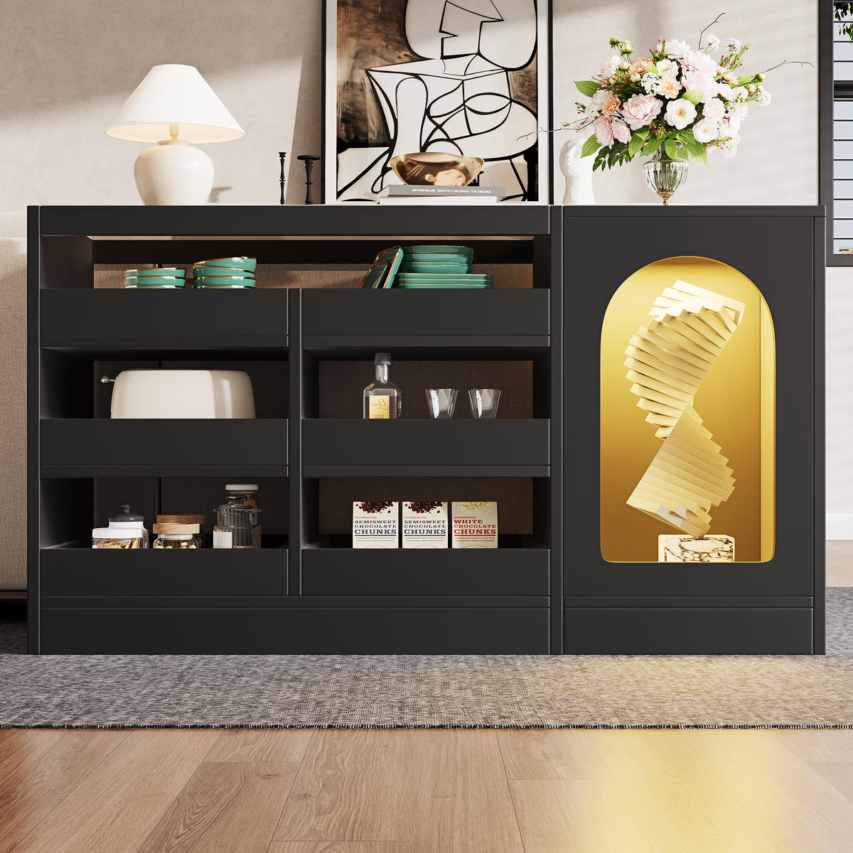SIDEBOARD in Schwarz Anrichte mit LED, 6 Schubladen und Tür, für Wohnzimmer und Esszimmer, B120/T40/H75cm - Transparent/Schwarz, Glas/Holzwerkstoff (120/75/40cm) - STILVORA