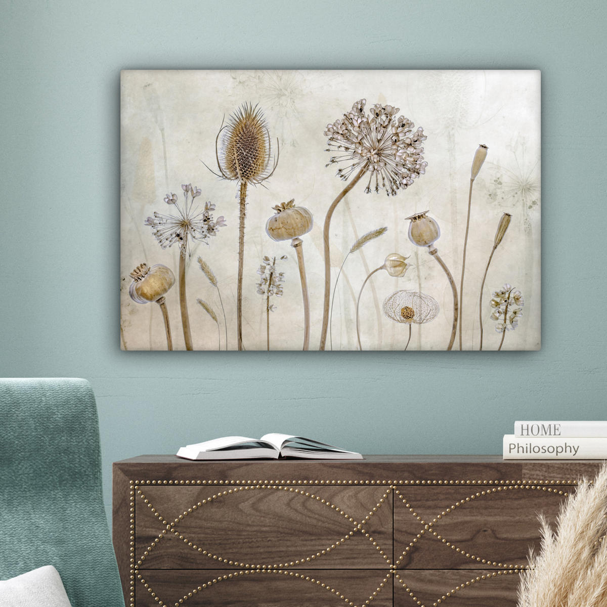 LEINWANDBILD Blumen - Aquarell - Stilleben - Braun - Vintage Wanddeko 90x60 cm - Beige, Textil (90/60cm) - MuchoWow