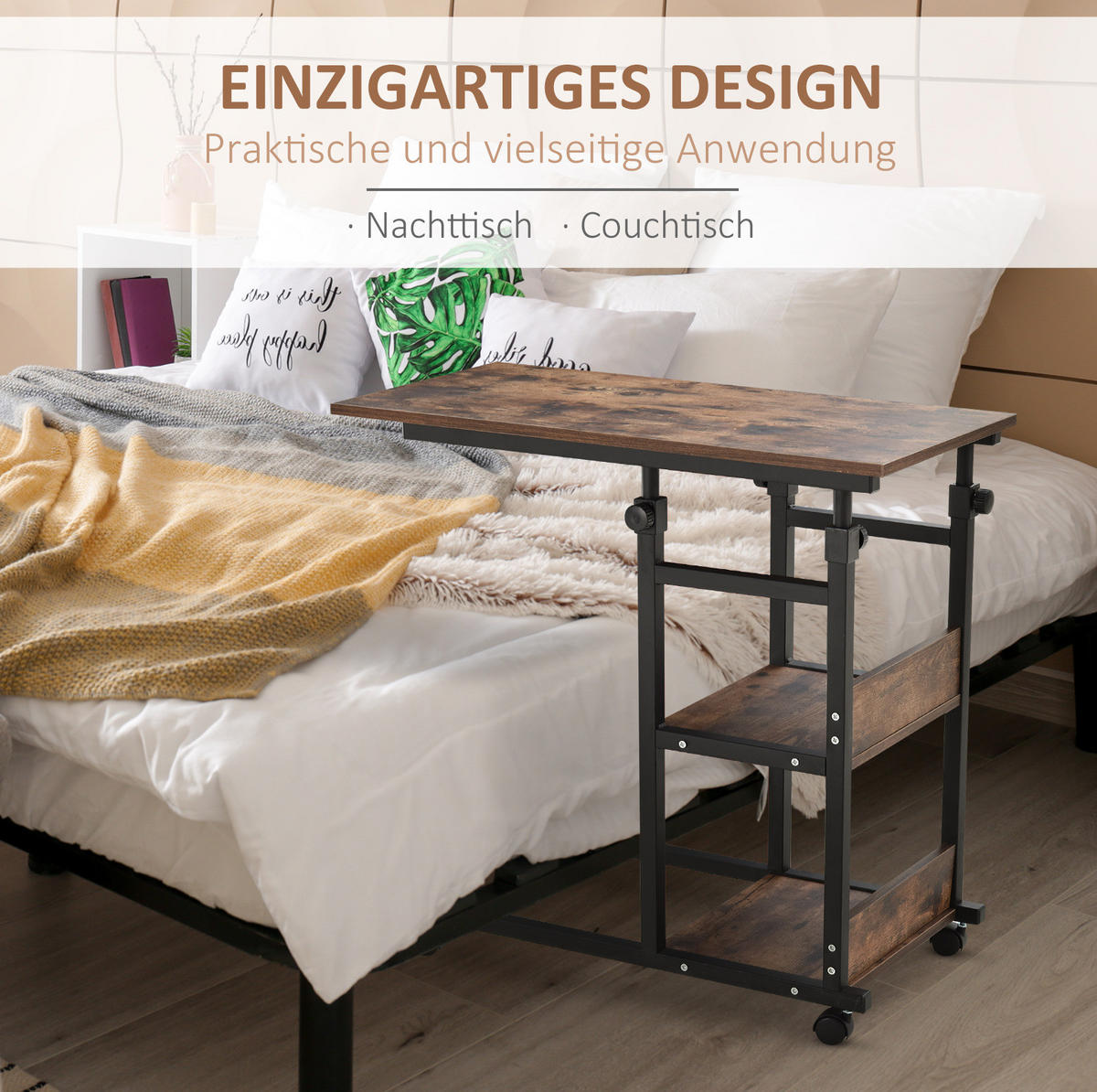 BEISTELLTISCH 80/72-82/40 cm Braun aus Metall und Holzwerkstoff mit Rollen - Braun, Metall (80/40/82cm) - OKMYHOME