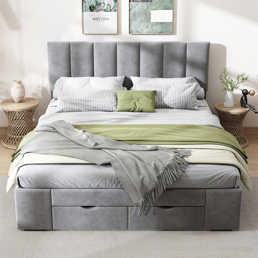 POLSTERBETT 140/200 cm in Samt - Grau, Holz/Textil (140/200cm) - KOMHTOM