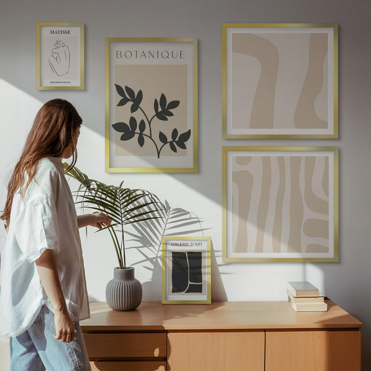 WANDBILDER 5er Set - 50x50 cm & 20x30 cm & 40x60 cm Goldrahmen - Abstrakte Pflanzenmotive - Goldfarben, Kunststoff (40/60cm) - ArtPrintCave