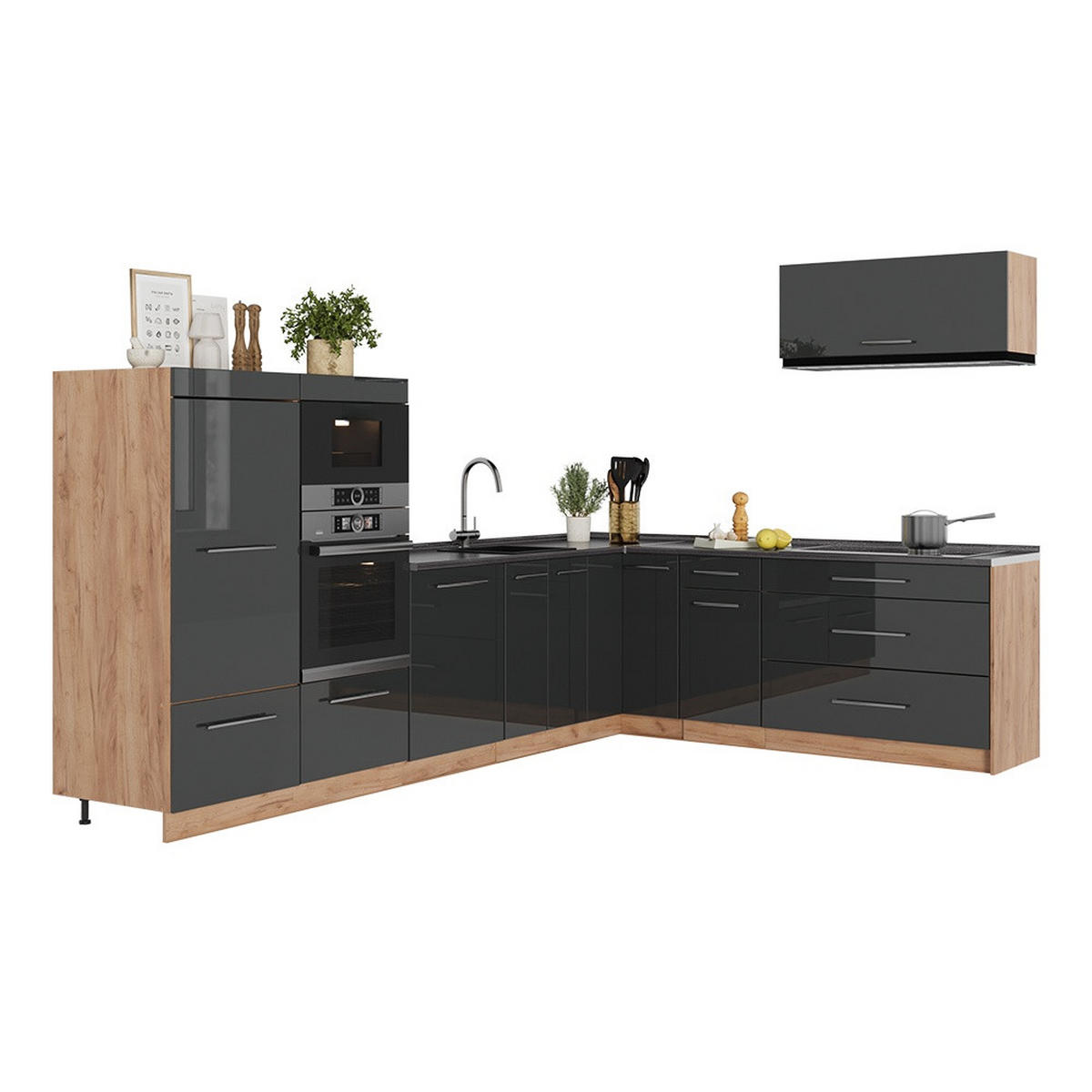 KUHINJA U OBLIKU SLOVA L Fame-Line, Antracit visokog sjaja/Hrast zlatnog tona, 327 x 227 cm, RP Mramor - hrast medunac/crna visoki sjaj, drvni materijal (327/153.6/60cm) - Vicco
