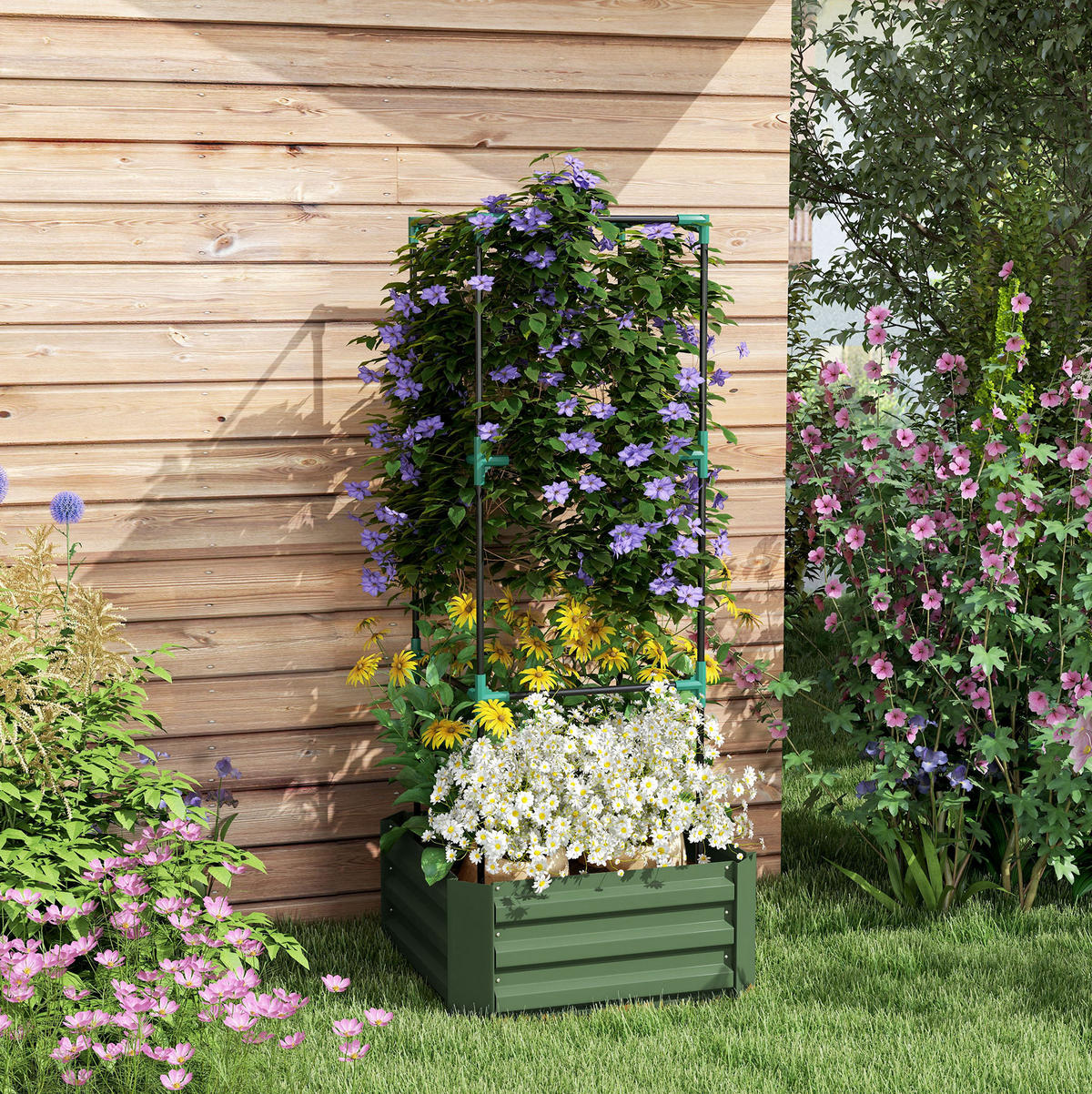 BLUMENKASTEN aus Stahl 61x61x140 cm in Grün mit Tomatenrankhilfe - Grün, Metall (61/140/61cm) - Modfu