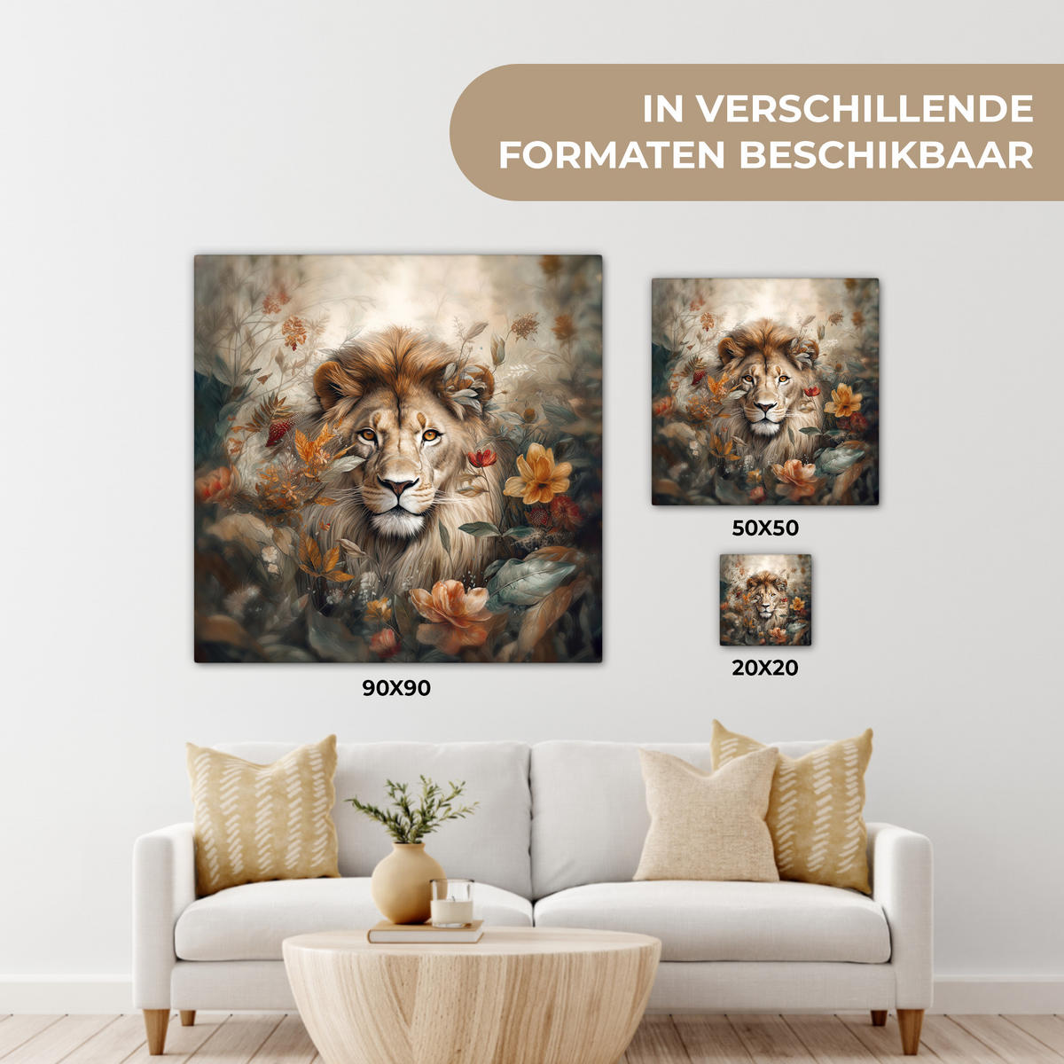 LEINWANDBILD Löwe - Wildtiere - Pflanzen - Natur - Blumen Wandbild Wohnzimmer 50x50 cm - Beige, Textil (50/50cm) - MuchoWow